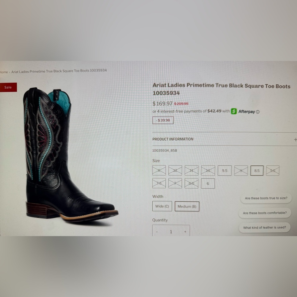 Ariat Ladies Primetime True Black Square Toe Boots - Picture 4 of 5